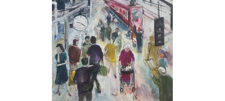 Thomas Focken: Bild „Alte Dame mit Chichuahua“ - Bahnsteig, alte Dame mit Rollator und Hündchen