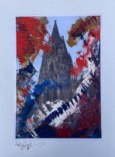 Kölner Dom - als Foto umgeben von kräftigen Farben in Acryl - von Norbert Bogusch