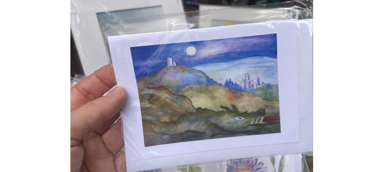 Blick aufs Siebengebirge mit Drachenfels auf einer Postkarte von Ingrid Federer Blick aufs Siebengebirge mit Drachenfels auf einer Postkarte von Ingrid Federer