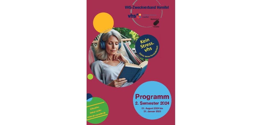 VHS-Programm 2. Halbjahr 2024 (Titelseite) VHS-Programm 2. Halbjahr 2024 (Titelseite - lesende Frau in Hängematte)